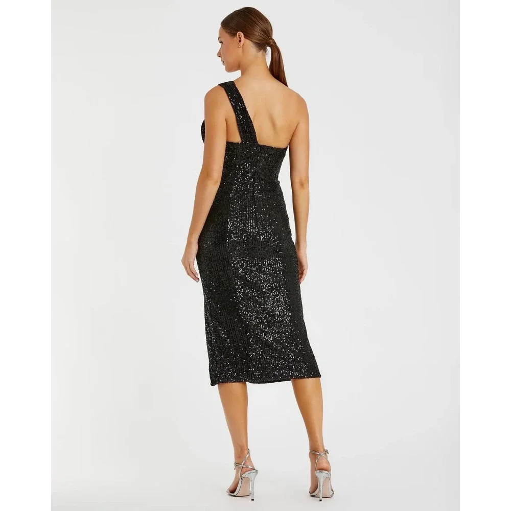 IEENA FOR MAC DUGGAL 11286 Black Sequin One Shoulder Bow‎ Midi Dress 12 NEW